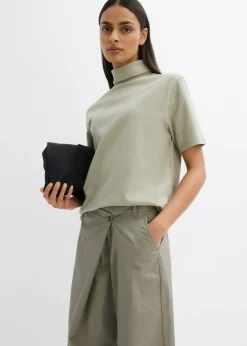 bonprix bonprix Camiseta de algodón orgánico puro con cuello alto Verde alga Discount