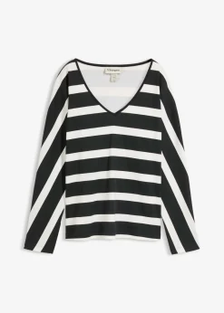 bonprix bonprix Camiseta de algodón orgánico puro con manga larga negro-blanco lana con rayas Clearance