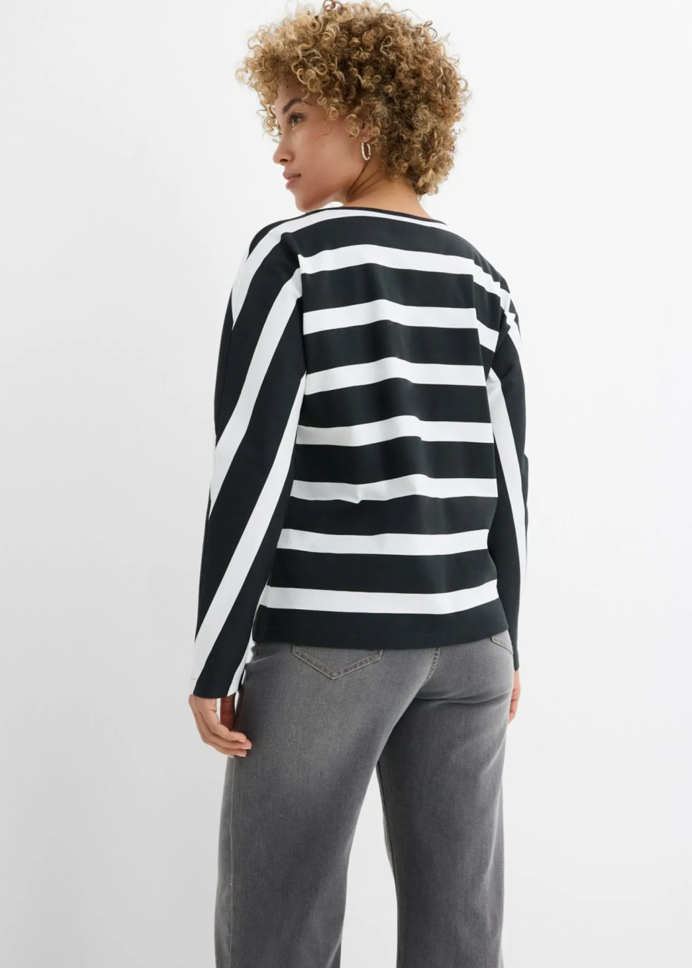 bonprix bonprix Camiseta de algodón orgánico puro con manga larga negro-blanco lana con rayas Clearance