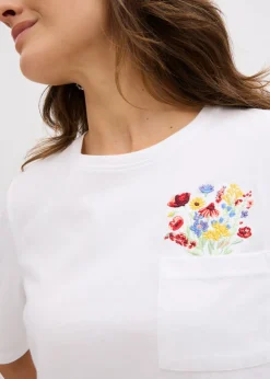 bonprix bonprix Camiseta de algodón orgánico puro con bordado blanco con flores Discount