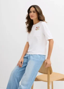 bonprix bonprix Camiseta de algodón orgánico puro con bordado blanco con flores Discount
