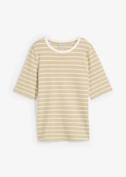 bonprix bonprix Camiseta de algodón orgánico pesado marrón claro-blanco lana con rayas Sale