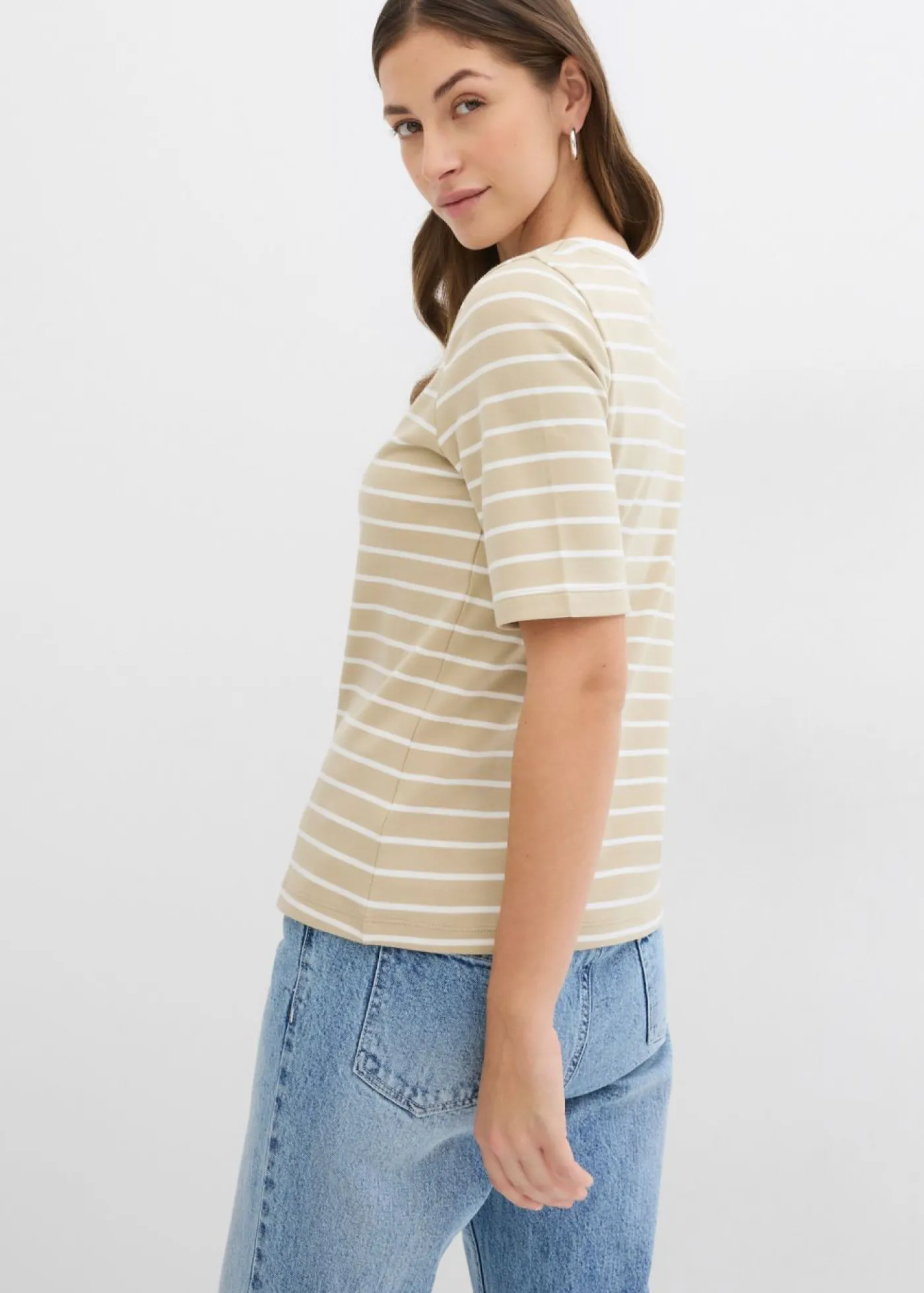 bonprix bonprix Camiseta de algodón orgánico pesado marrón claro-blanco lana con rayas Sale