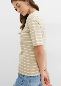 bonprix bonprix Camiseta de algodón orgánico pesado marrón claro-blanco lana con rayas Sale