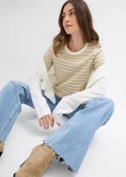 bonprix bonprix Camiseta de algodón orgánico pesado marrón claro-blanco lana con rayas Sale