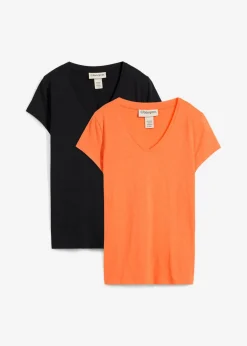 bonprix bonprix Camiseta de algodón orgánico puro (2 unidades) negro-mango Clearance