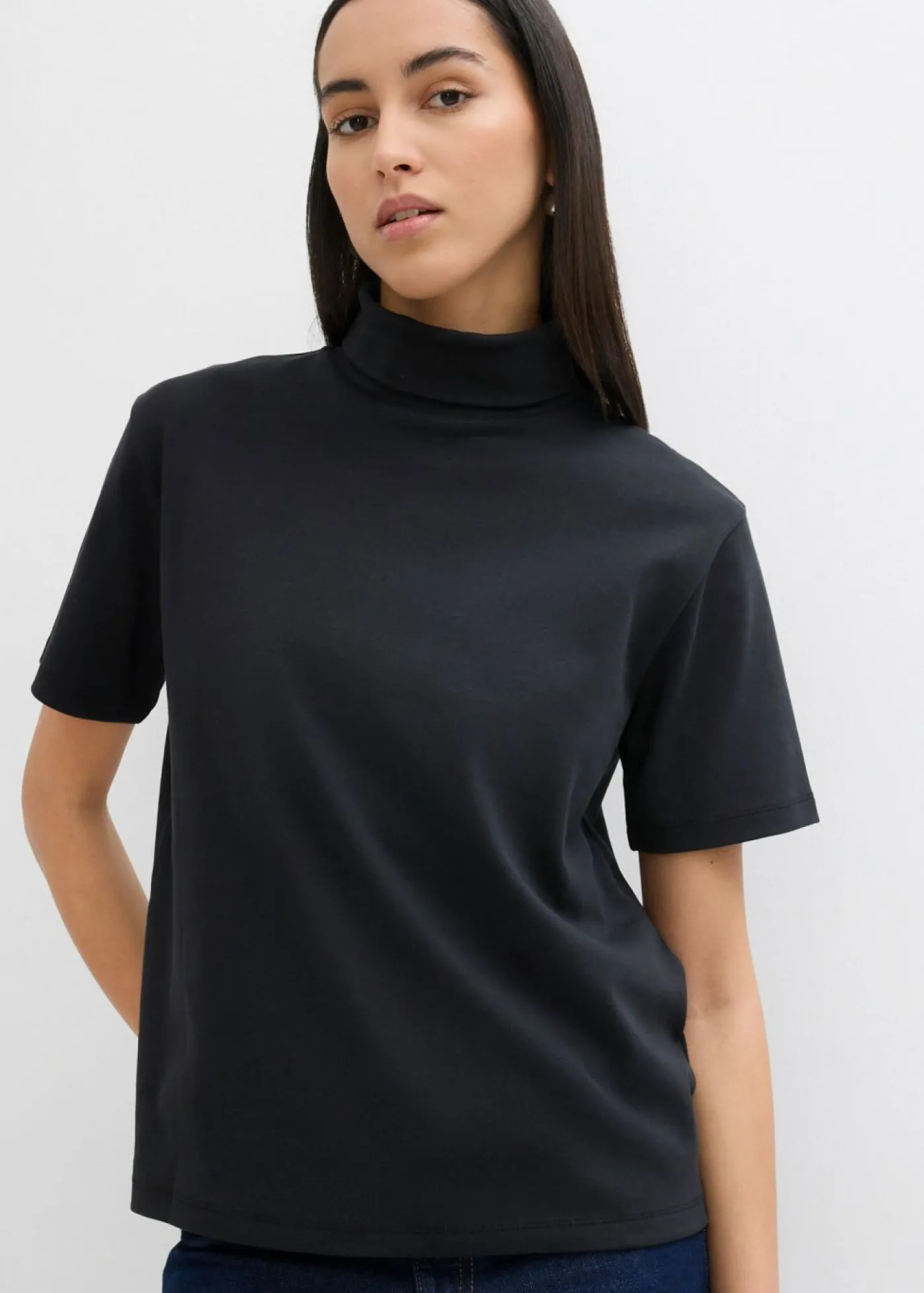 bonprix bonprix Camiseta de algodón orgánico puro con cuello alto Negro Best