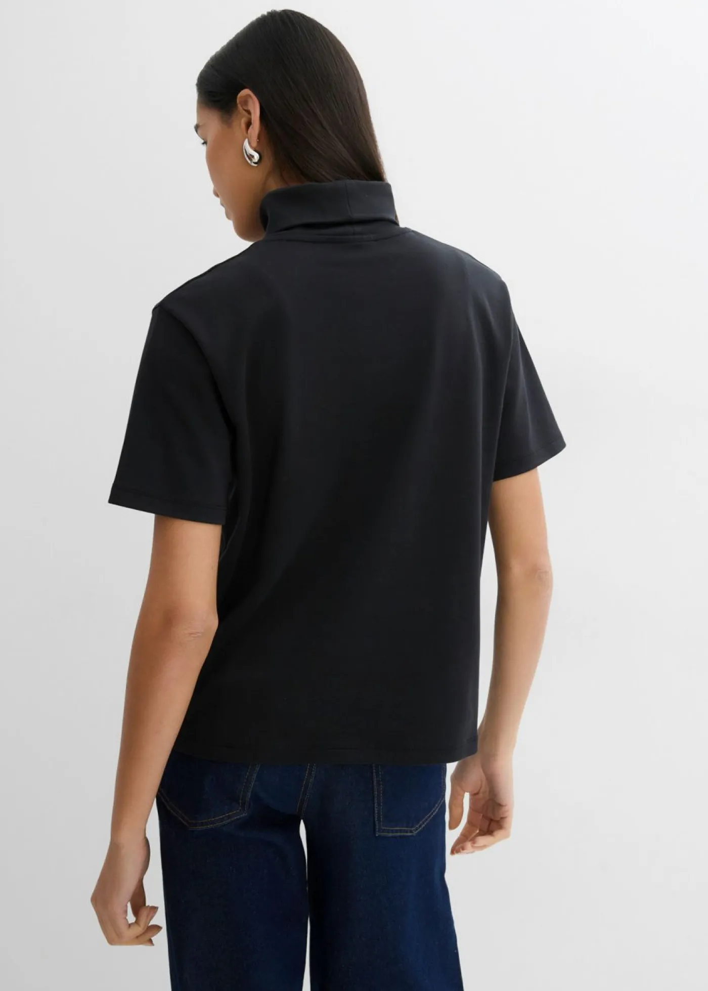 bonprix bonprix Camiseta de algodón orgánico puro con cuello alto Negro Best