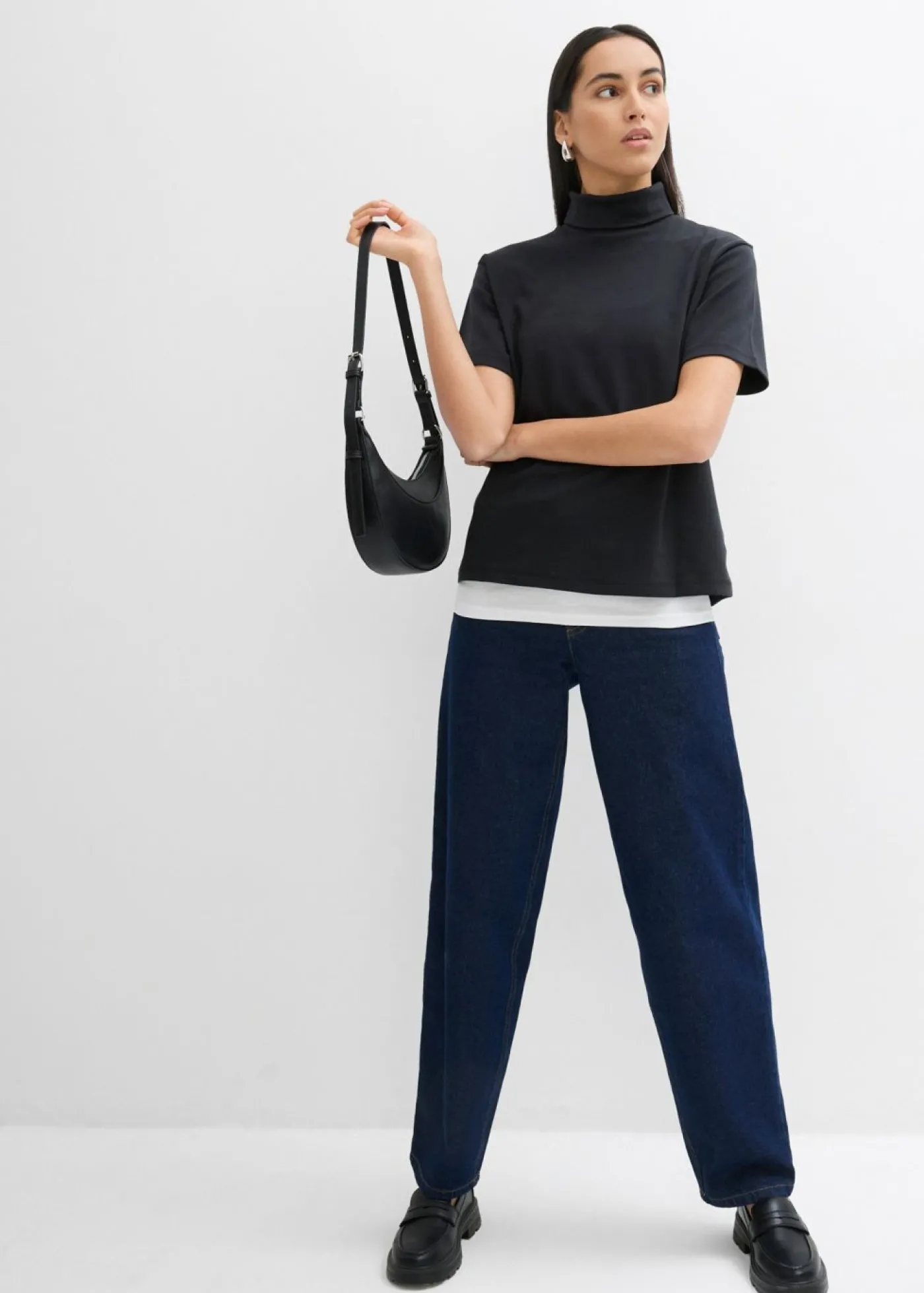 bonprix bonprix Camiseta de algodón orgánico puro con cuello alto Negro Best