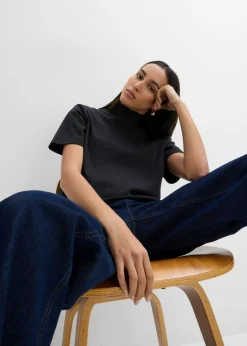 bonprix bonprix Camiseta de algodón orgánico puro con cuello alto Negro Best