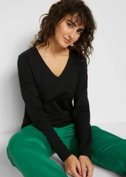 bonprix bonprix Camiseta de algodón orgánico puro con manga larga Negro Best