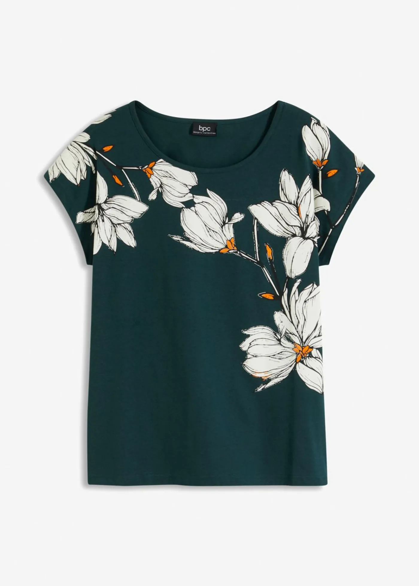 bonprix bonprix Camiseta de algodón orgánico con estampado de flores Verde intenso