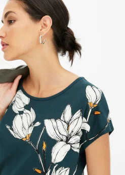 bonprix bonprix Camiseta de algodón orgánico con estampado de flores Verde intenso