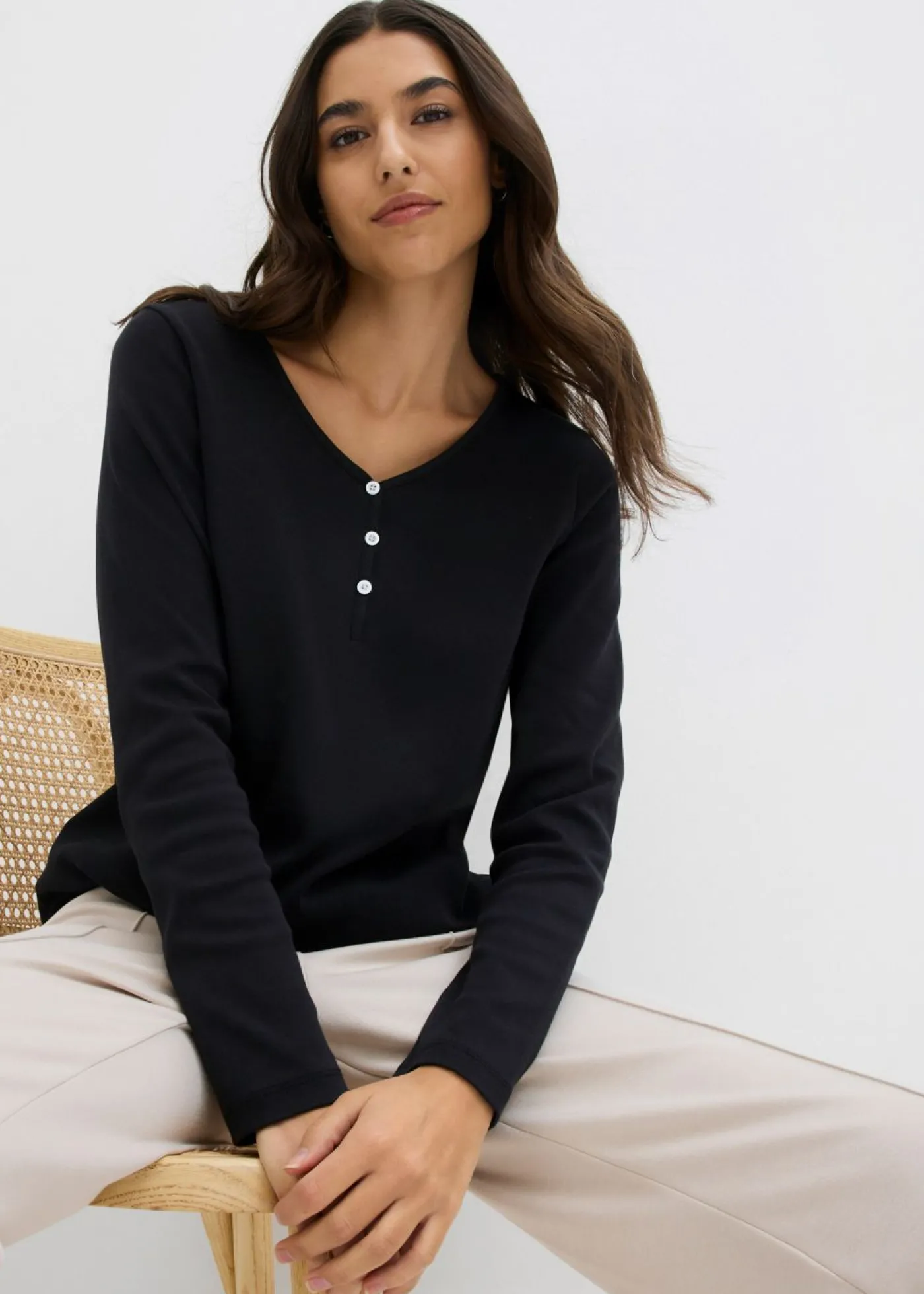 bonprix bonprix Camiseta de algodón orgánico puro con manga larga Negro Best