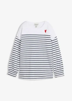 bonprix bonprix Camiseta de algodón orgánico puro con manga larga Blanco-azul marino con rayas Sale