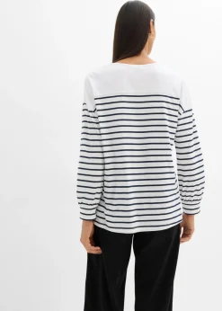 bonprix bonprix Camiseta de algodón orgánico puro con manga larga Blanco-azul marino con rayas Sale