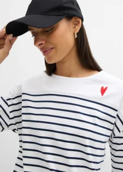 bonprix bonprix Camiseta de algodón orgánico puro con manga larga Blanco-azul marino con rayas Sale
