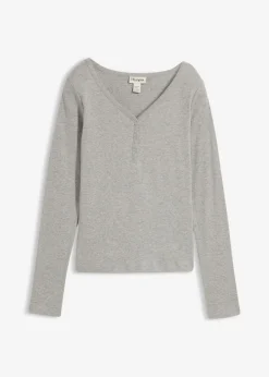 bonprix bonprix Camiseta de algodón orgánico puro con manga larga gris claro jaspeado moteado New