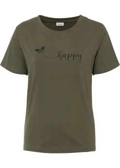 bonprix bonprix Camiseta de algodón puro Verde oliva oscuro estampado Outlet