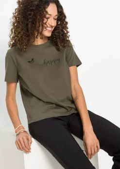 bonprix bonprix Camiseta de algodón puro Verde oliva oscuro estampado Outlet