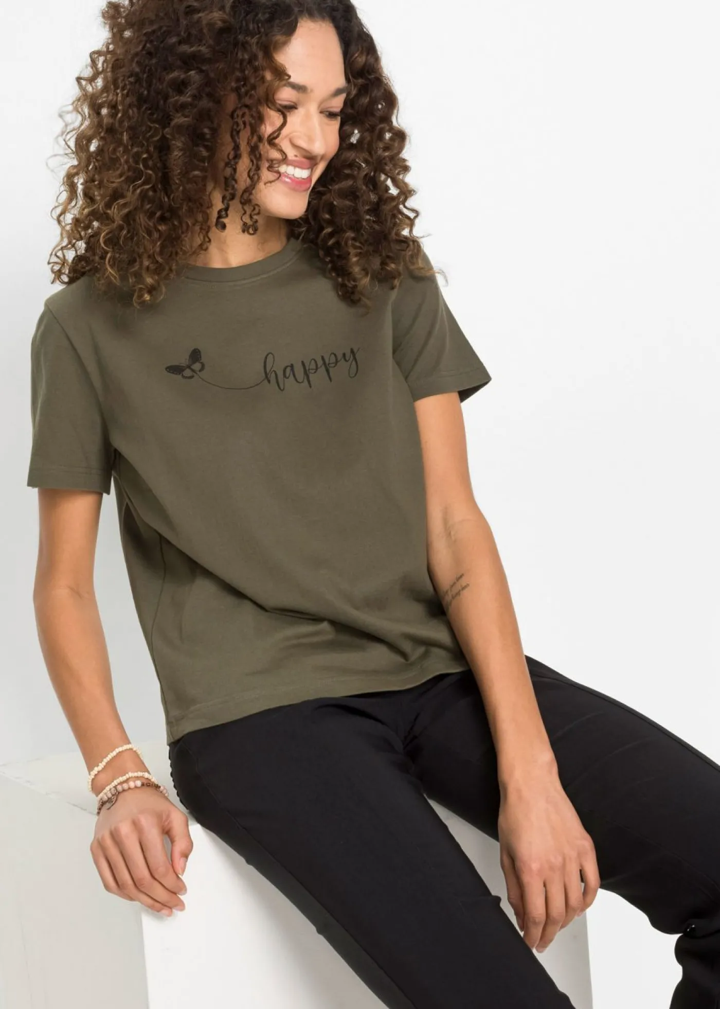 bonprix bonprix Camiseta de algodón puro Verde oliva oscuro estampado Outlet