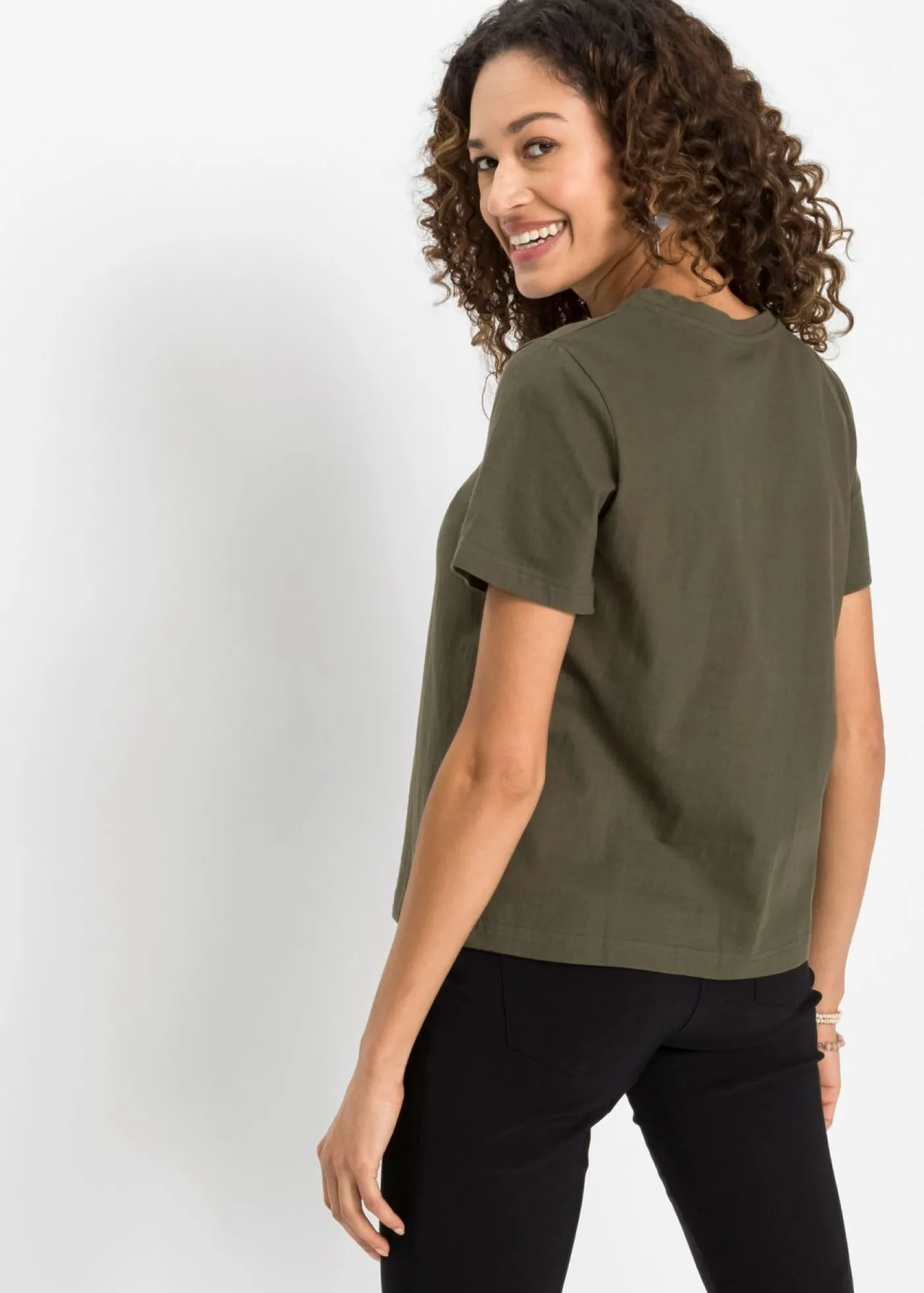 bonprix bonprix Camiseta de algodón puro Verde oliva oscuro estampado Outlet