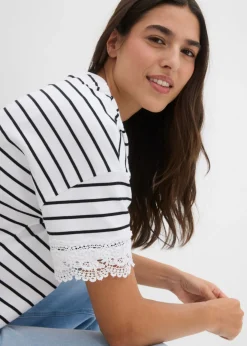 bonprix bonprix Camiseta de algodón puro Negro-blanco con rayas Outlet