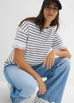 bonprix bonprix Camiseta de algodón puro Negro-blanco con rayas Outlet