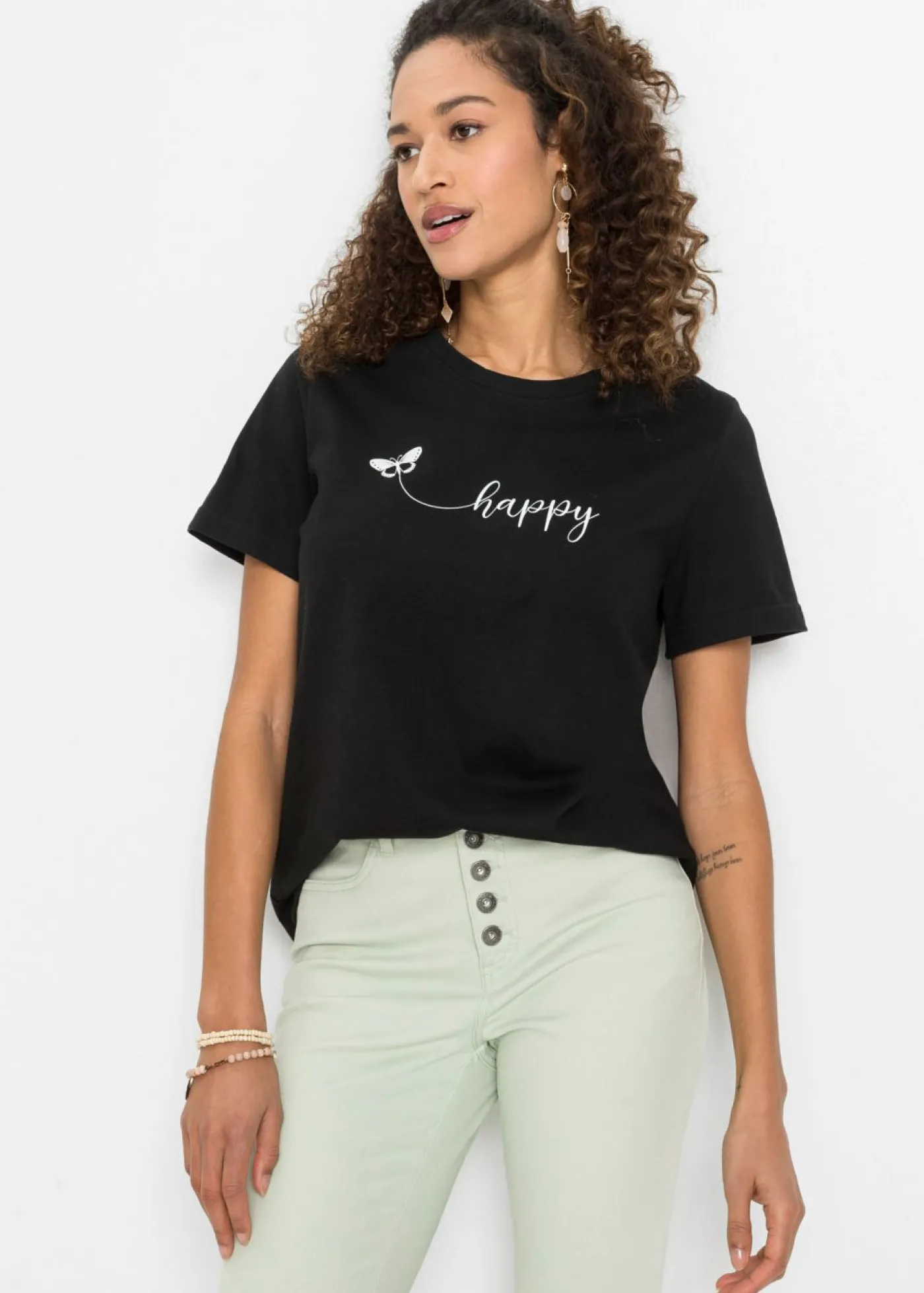 bonprix bonprix Camiseta de algodón puro Negro estampado Sale
