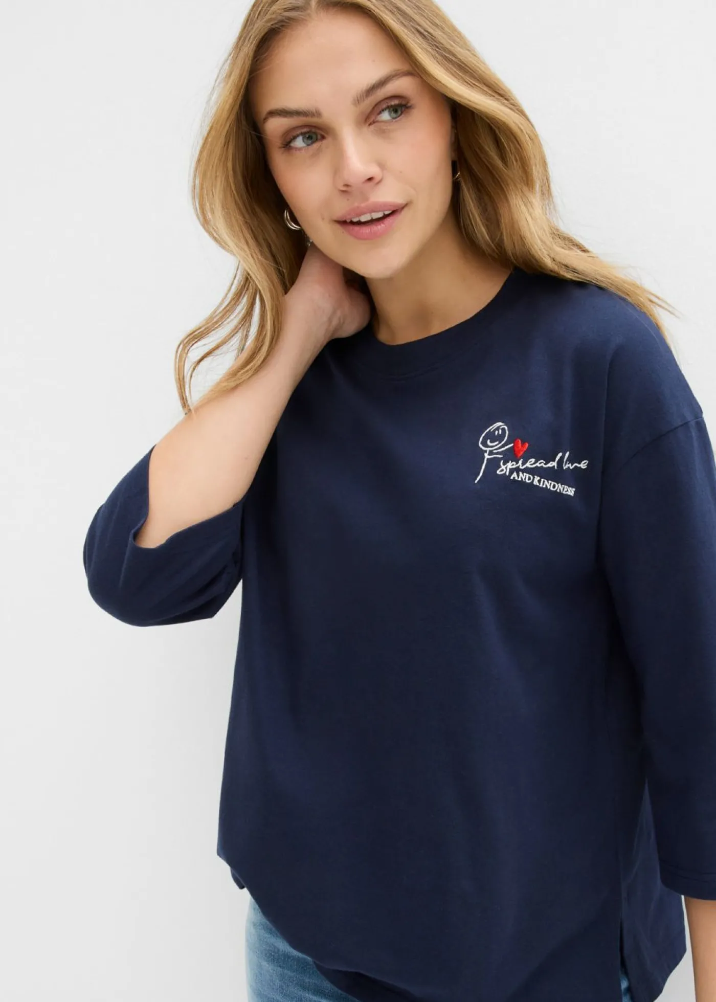 bonprix bonprix Camiseta de algodón puro con corte boxy Azul marino + blanco lana Discount