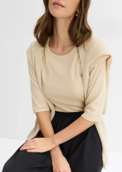 bonprix bonprix Camiseta de canalé con algodón orgánico (2 unidades) beige nuevo-arena claro Online