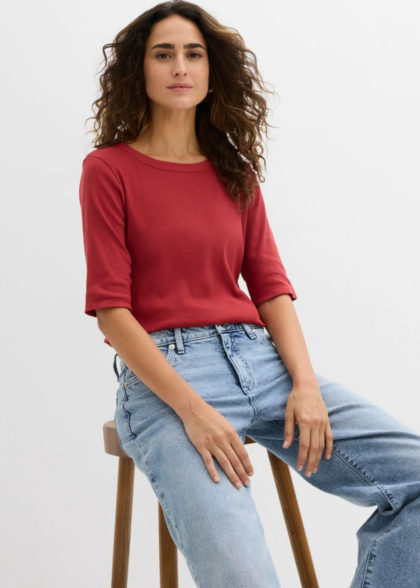 bonprix bonprix Camiseta de canalé con algodón orgánico (2 unidades) cereza/azul marino Online