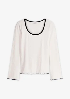 bonprix bonprix Camiseta de canalé con lazo decorativo Blanco lana-negro Outlet