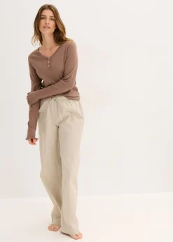 bonprix bonprix Camiseta de canalé con pantalón cómodo marrón mate con rayas Outlet