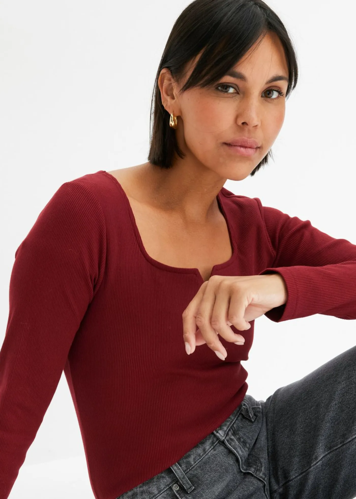 bonprix bonprix Camiseta de canalé de algodón orgánico puro Rojo rubí New