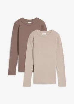 bonprix bonprix Camiseta de canalé de algodón orgánico puro (2 unidades) arena claro-marrón medio Sale