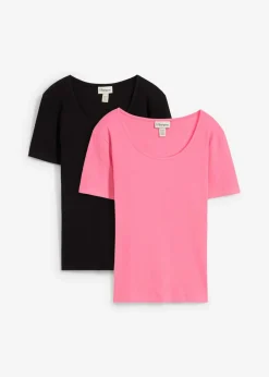 bonprix bonprix Camiseta de canalé de algodón orgánico puro (2 unidades) Negro-rosa flamenco