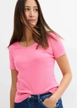 bonprix bonprix Camiseta de canalé de algodón orgánico puro (2 unidades) Negro-rosa flamenco