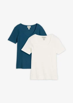 bonprix bonprix Camiseta de canalé de algodón orgánico puro (2 unidades) Azul petróleo-blanco lana Best