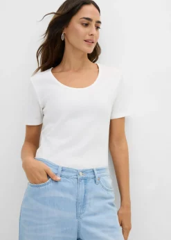 bonprix bonprix Camiseta de canalé de algodón orgánico puro (2 unidades) Azul petróleo-blanco lana Best