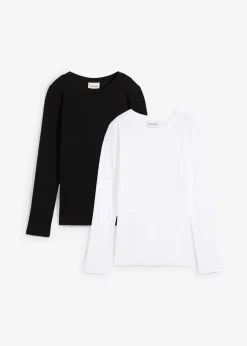 bonprix bonprix Camiseta de canalé de algodón orgánico puro (2 unidades) Negro-blanco