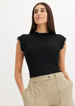 bonprix bonprix Camiseta de canalé de mezcla de viscosa Negro-blanco lana