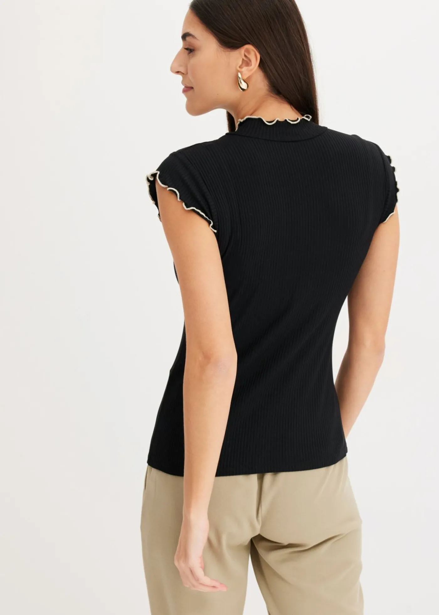 bonprix bonprix Camiseta de canalé de mezcla de viscosa Negro-blanco lana