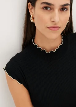 bonprix bonprix Camiseta de canalé de mezcla de viscosa Negro-blanco lana
