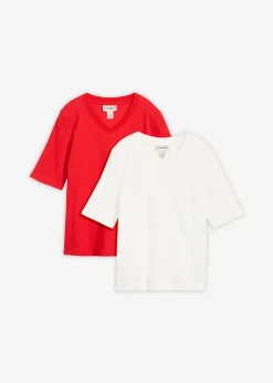 bonprix bonprix Camiseta de canalé (2 unidades) Blanco lana-fresa Sale