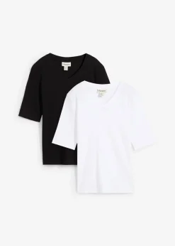 bonprix bonprix Camiseta de canalé (2 unidades) Negro-blanco Sale