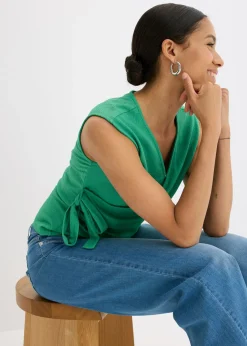 bonprix bonprix Camiseta de crepé de punto con aspecto cruzado verde gema Outlet