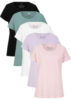 bonprix bonprix Camiseta de cuello redondo y manga corta (5 unidades) Violeta claro + salvia ahumado + rosa cristal + negro + blanco New