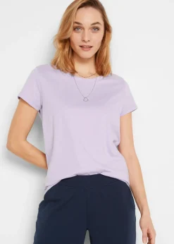 bonprix bonprix Camiseta de cuello redondo y manga corta (5 unidades) Violeta claro + salvia ahumado + rosa cristal + negro + blanco New
