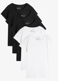 bonprix bonprix Camiseta de cuello redondo y manga corta (5 unidades) Negro + negro + negro + blanco + blanco Clearance